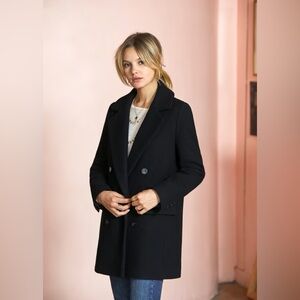 Sezane Manteau Davis Johnson Black Wool Coat Peacoat Jacket 38,US6,S,M